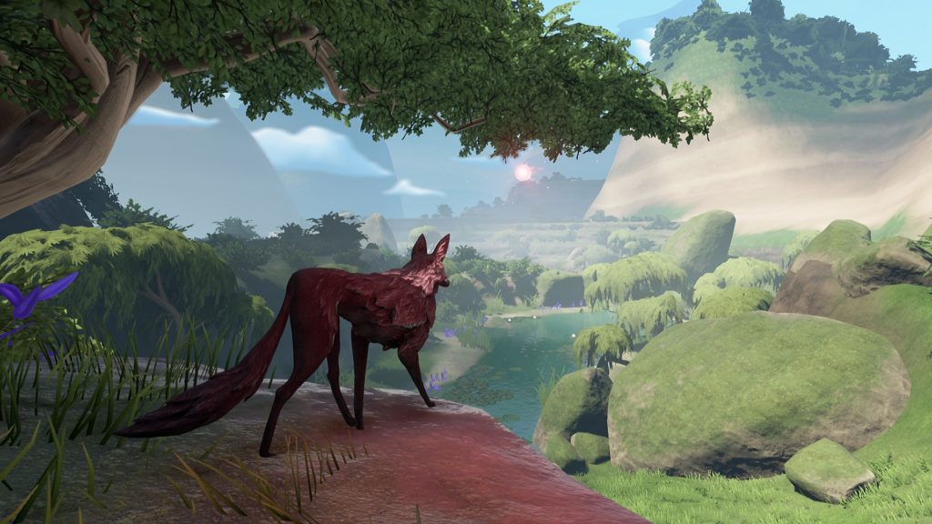 the lost ember video game with black wolf in foreground and green river in the background