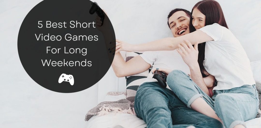 couple on bed playfully fighting over a game controller